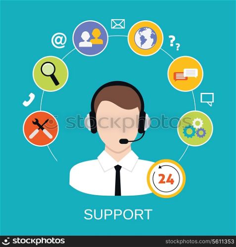 24h all the time customer support center via phone mail operator service icons concept vector illustration