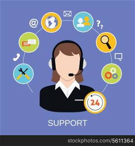 24h online worldwide available customer support helpdesk woman operator service concept vector illustration