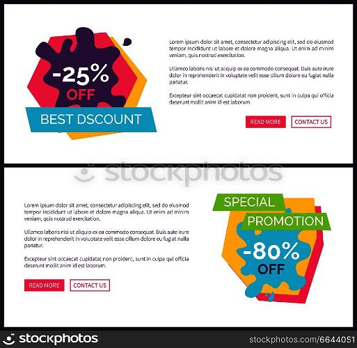 -25  best discount, special promotion -80  off, web pages collection with text s&le, headline and buttons on vector illustration. -25  Best Discount Web Pages Vector Illustration