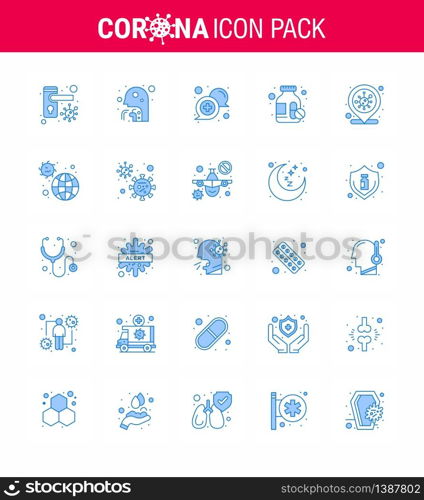 25 Blue Coronavirus Covid19 Icon pack such as location, medicine bottle, throat, drugs, online viral coronavirus 2019-nov disease Vector Design Elements