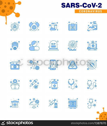 25 Blue coronavirus epidemic icon pack suck as hand sanitizer, corona, flask, medicine, first aid viral coronavirus 2019-nov disease Vector Design Elements