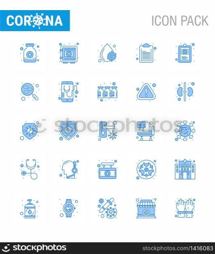 25 Blue Set of corona virus epidemic icons. such as health, list, securitybox, document, platelets viral coronavirus 2019-nov disease Vector Design Elements