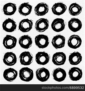 25 circle form black brush stroke. Drawing created in ink sketch handmade technique. Shapes on white paper watercolor texture background. Vector illustration design element in 8 eps. Circle form black brush stroke