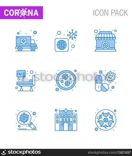 25 Coronavirus Emergency Iconset Blue Design such as virus, bacteria, closed, medical treatment, hospital bed viral coronavirus 2019-nov disease Vector Design Elements