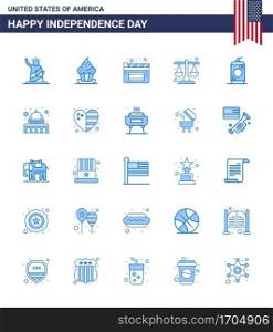 25 Creative USA Icons Modern Independence Signs and 4th July Symbols of bottle  law  sweet  justice  film Editable USA Day Vector Design Elements