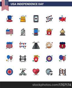 25 Creative USA Icons Modern Independence Signs and 4th July Symbols of united  map  mobile  party bulb  buntings Editable USA Day Vector Design Elements