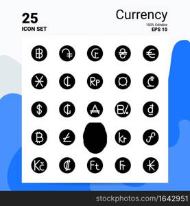 25 Currency Icon Set. 100  Editable EPS 10 Files. Business Logo Concept Ideas Solid Glyph icon design