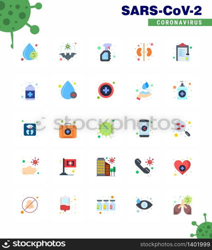 25 Flat Color Coronavirus disease and prevention vector icon drug, kidney, virus, human, bottle viral coronavirus 2019-nov disease Vector Design Elements