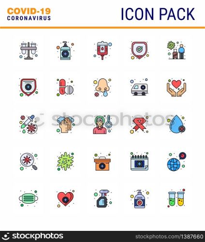 25 Flat Color Filled Line Set of corona virus epidemic icons. such as tourist, shield, care, safety, medical viral coronavirus 2019-nov disease Vector Design Elements