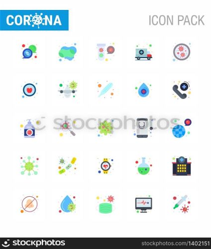25 Flat Color viral Virus corona icon pack such as bacteria, hospital, bacteria, car, virus viral coronavirus 2019-nov disease Vector Design Elements