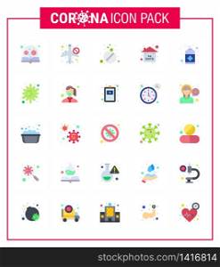 25 Flat Color viral Virus corona icon pack such as stay home, event, not allow, risk, tablets viral coronavirus 2019-nov disease Vector Design Elements
