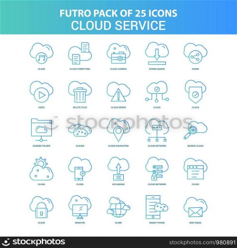 25 Green and Blue Futuro Cloud Service Icon Pack