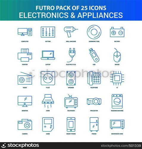 25 Green and Blue Futuro Electronics and Appliances Icon Pack