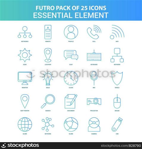 25 Green and Blue Futuro Essential Element Icon Pack