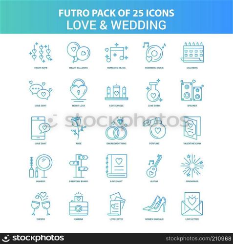 25 Green and Blue Futuro Love and Wedding Icon Pack