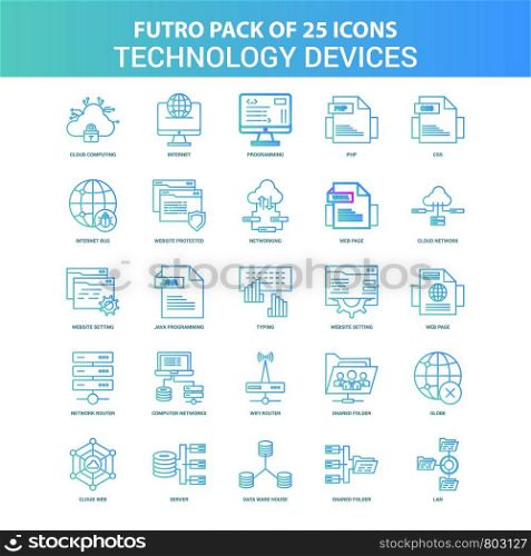 25 Green and Blue Futuro Technology Device Icon Pack