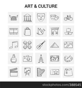 25 Hand Drawn Art and Culture icon set. Gray Background Vector Doodle