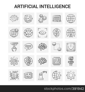 25 Hand Drawn Artificial Intelligence icon set. Gray Background Vector Doodle