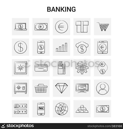 25 Hand Drawn Banking icon set. Gray Background Vector Doodle