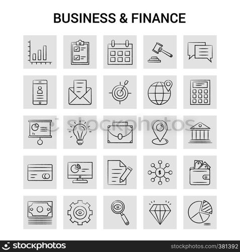 25 Hand Drawn Business and Finance icon set. Gray Background Vector Doodle