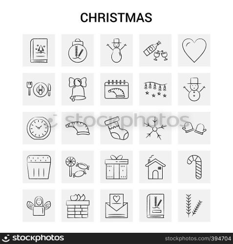 25 Hand Drawn Christmas icon set. Gray Background Vector Doodle