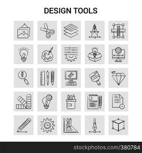25 Hand Drawn Design Tools icon set. Gray Background Vector Doodle