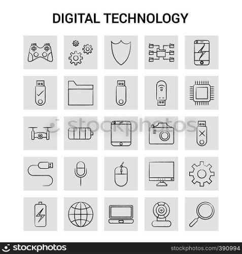 25 Hand Drawn Digital Technology icon set. Gray Background Vector Doodle