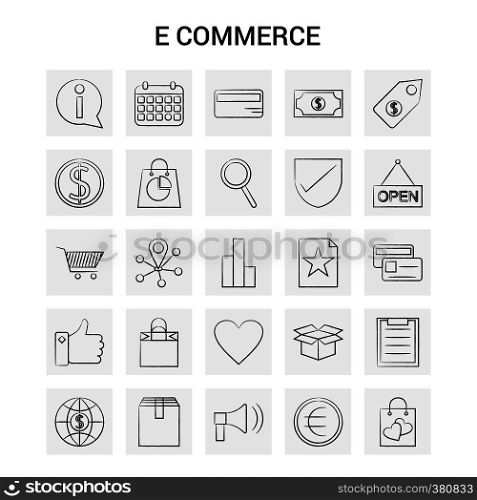 25 Hand Drawn E-Commerce icon set. Gray Background Vector Doodle