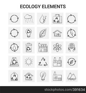 25 Hand Drawn Ecology Elements icon set. Gray Background Vector Doodle