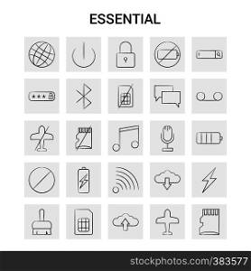 25 Hand Drawn Essential icon set. Gray Background Vector Doodle
