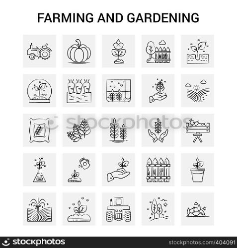 25 Hand Drawn Farming and Gardening icon set. Gray Background Vector Doodle