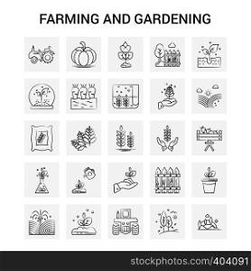25 Hand Drawn Farming and Gardening icon set. Gray Background Vector Doodle