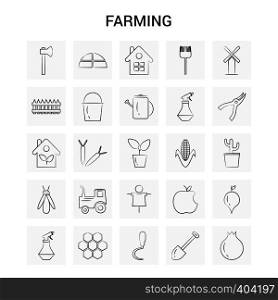 25 Hand Drawn Farming icon set. Gray Background Vector Doodle