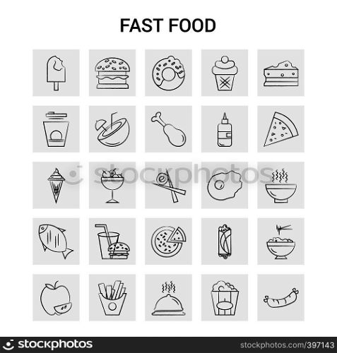 25 Hand Drawn Fast food icon set. Gray Background Vector Doodle
