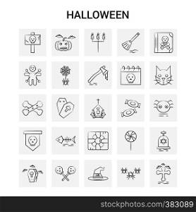 25 Hand Drawn Halloween icon set. Gray Background Vector Doodle