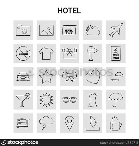25 Hand Drawn Hotel icon set. Gray Background Vector Doodle