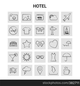 25 Hand Drawn Hotel icon set. Gray Background Vector Doodle