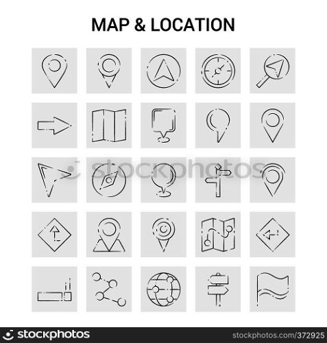 25 Hand Drawn Map and Location icon set. Gray Background Vector Doodle
