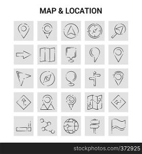 25 Hand Drawn Map and Location icon set. Gray Background Vector Doodle