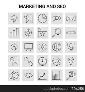 25 Hand Drawn Marketing and SEO icon set. Gray Background Vector Doodle