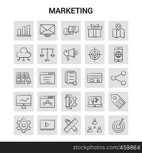 25 Hand Drawn Marketing icon set. Gray Background Vector Doodle