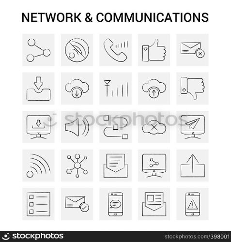 25 Hand Drawn Network and Communication icon set. Gray Background Vector Doodle
