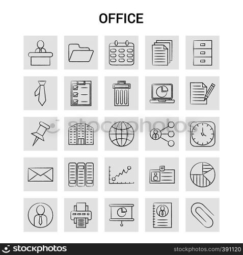 25 Hand Drawn Office icon set. Gray Background Vector Doodle