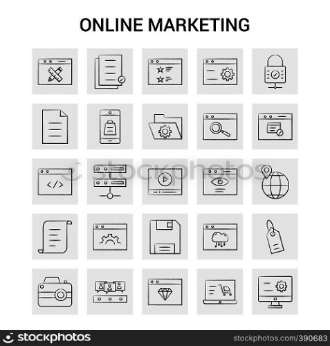 25 Hand Drawn Online Marketing icon set. Gray Background Vector Doodle