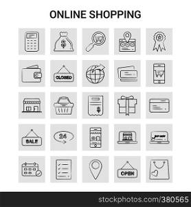 25 Hand Drawn Online Shopping icon set. Gray Background Vector Doodle