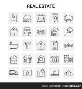 25 Hand Drawn Real Estate icon set. Gray Background Vector Doodle
