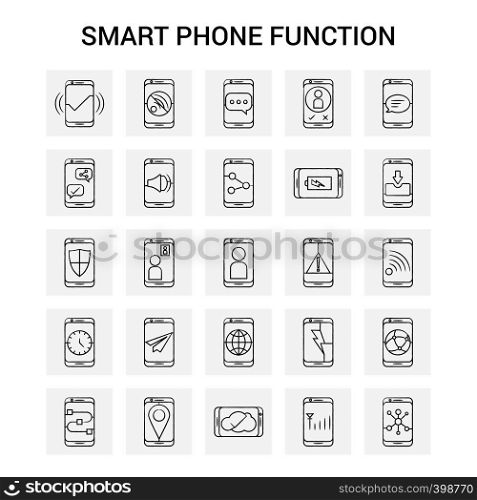 25 Hand Drawn Smart phone functions icon set. Gray Background Vector Doodle