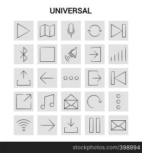25 Hand Drawn Universal icon set. Gray Background Vector Doodle