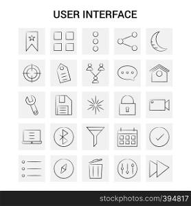 25 Hand Drawn User Interface icon set. Gray Background Vector Doodle