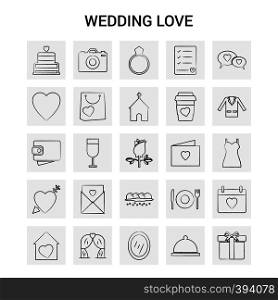 25 Hand Drawn Wedding Love icon set. Gray Background Vector Doodle